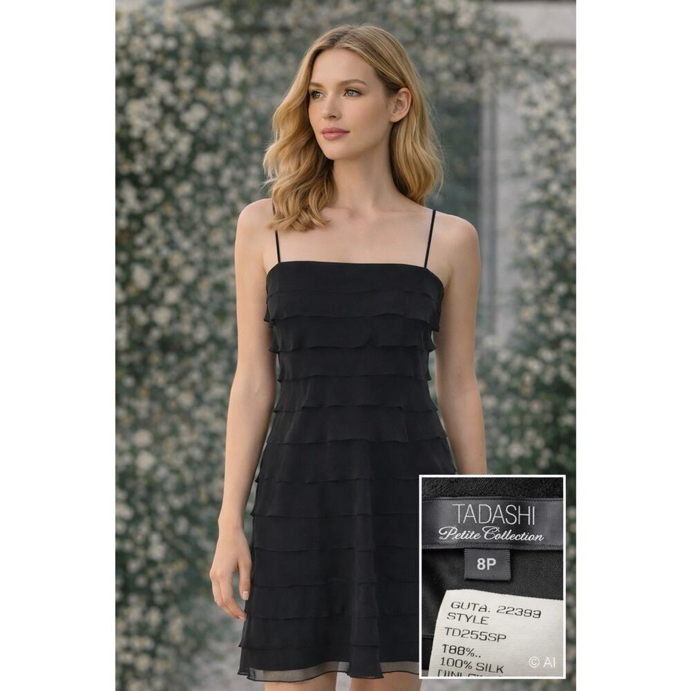 Tadashi Petite Black 100% Silk Tiered Rufle Dress Spaghetti Strap Cocktail sz 8P